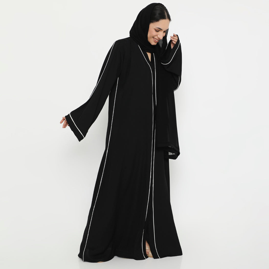 Classic Matte Front Close With Piping Abaya-( A Line)
