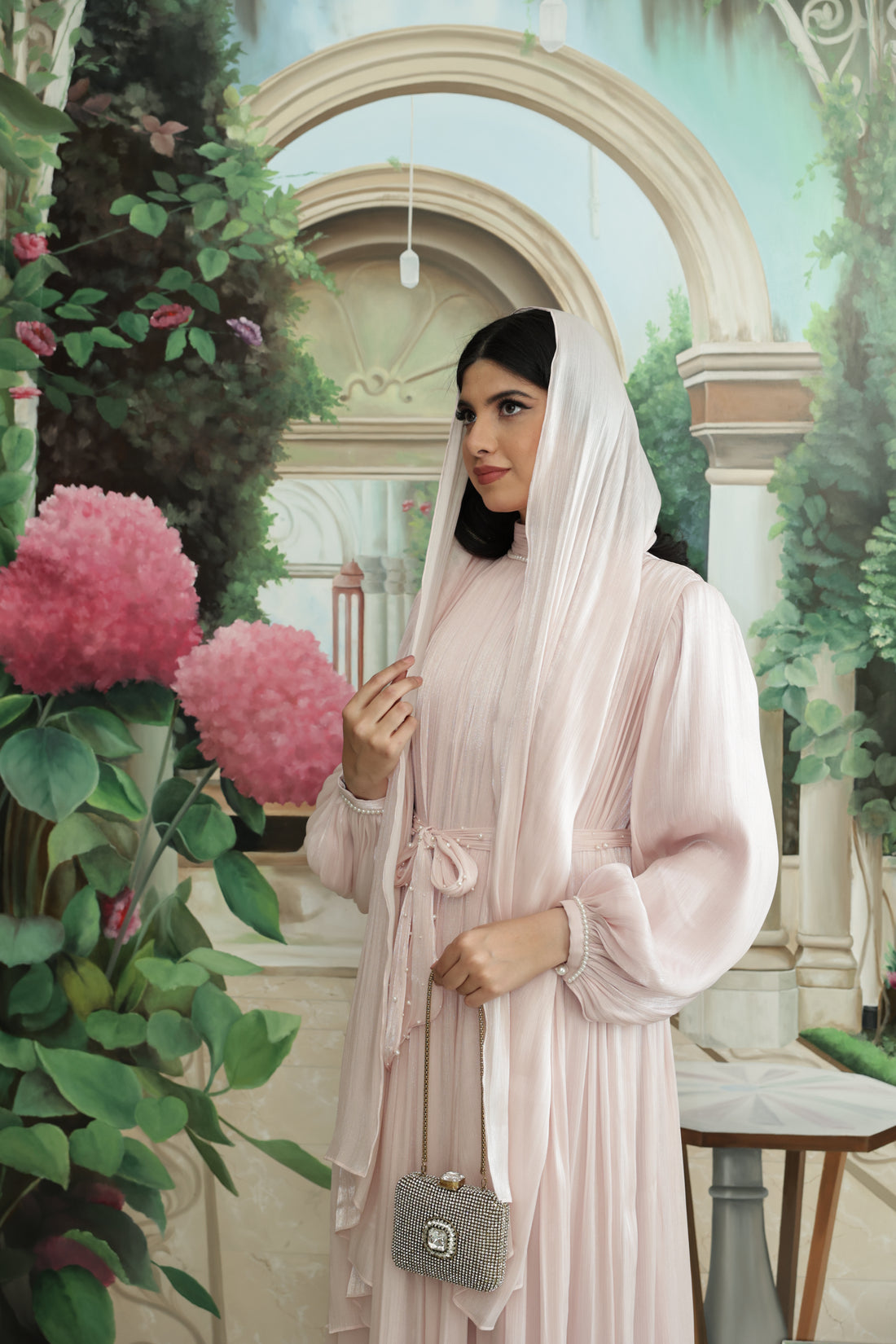 Pearl Lining Organza Abaya(Baby Pink)