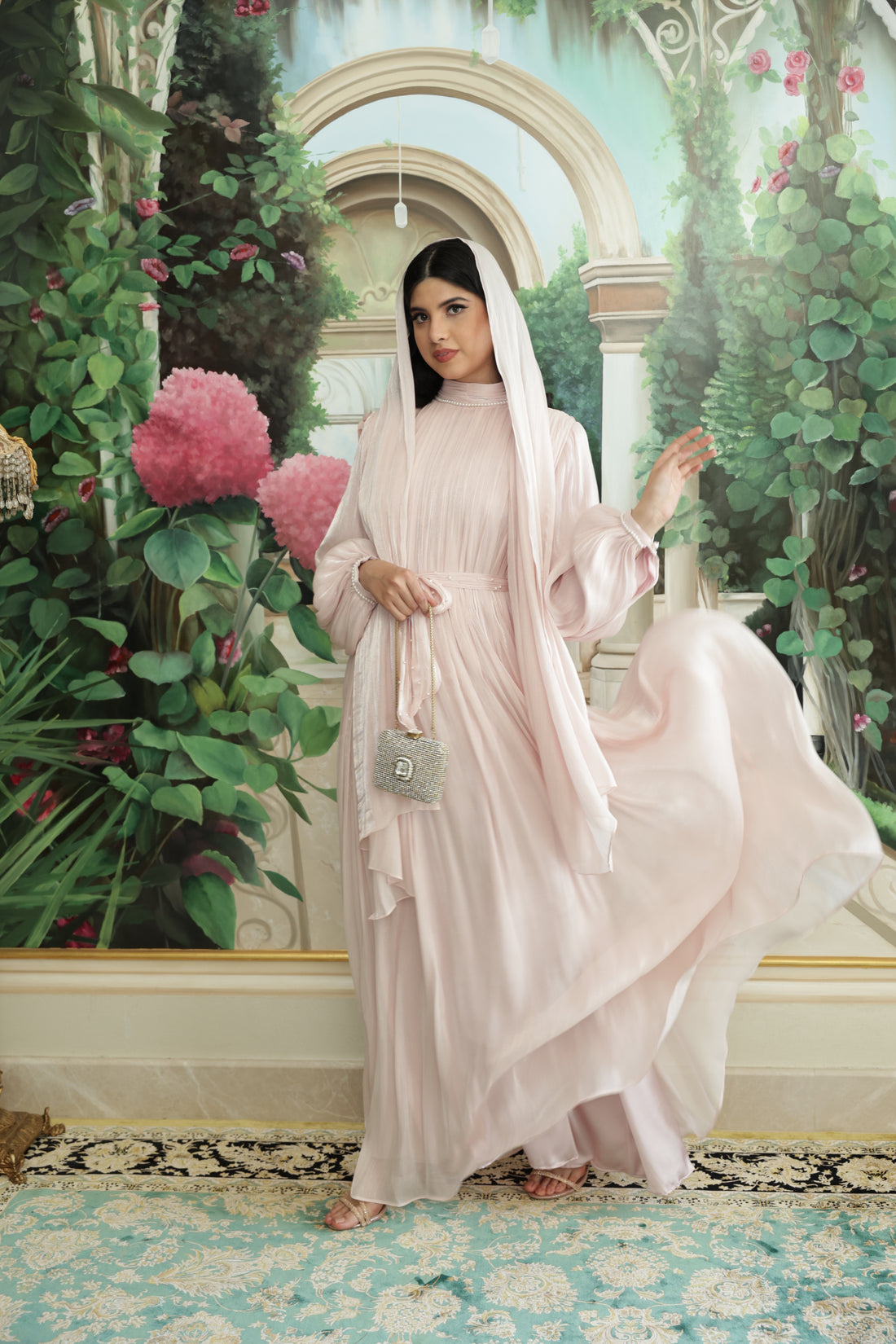Pearl Lining Organza Abaya(Baby Pink)