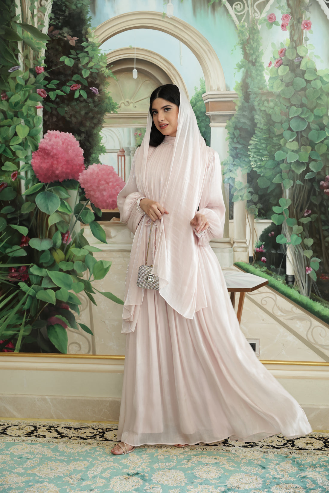 Pearl Lining Organza Abaya(Baby Pink)