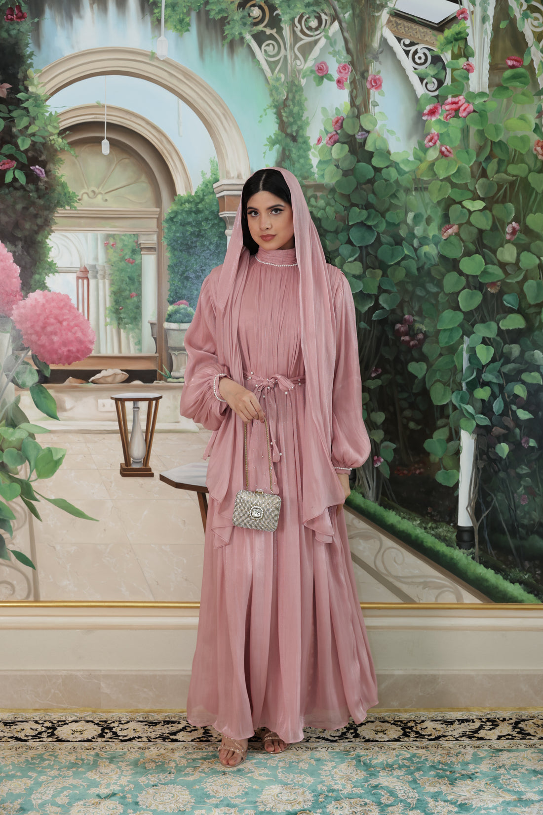 Pearl Lining Organza Abaya(Mauve)