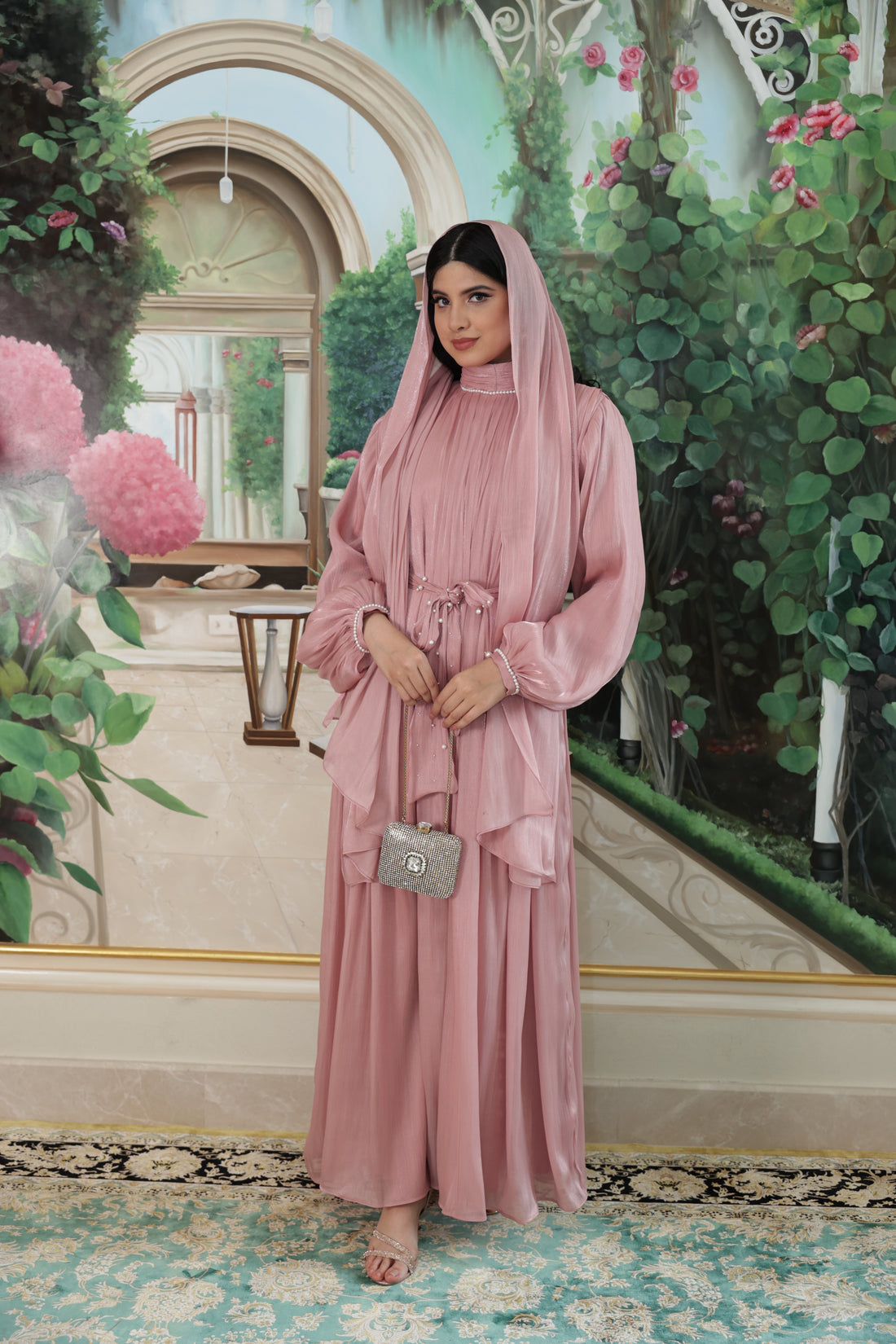 Pearl Lining Organza Abaya(Mauve)