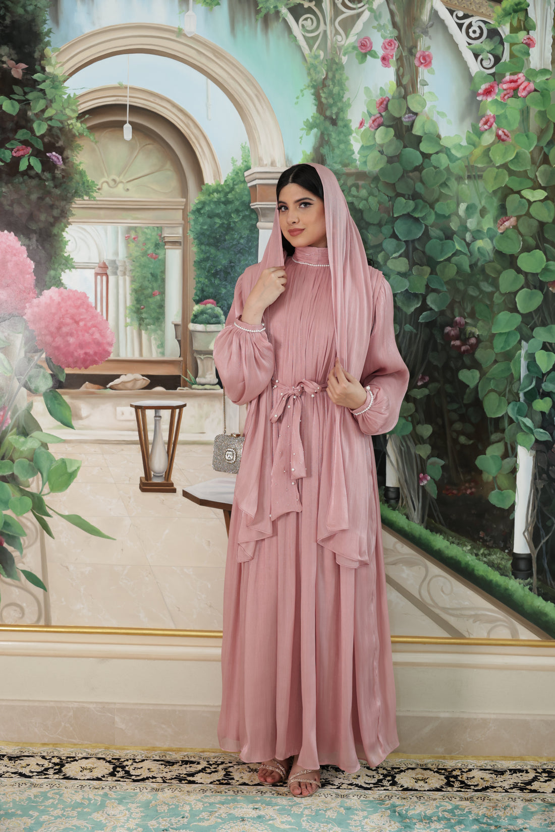 Pearl Lining Organza Abaya(Mauve)