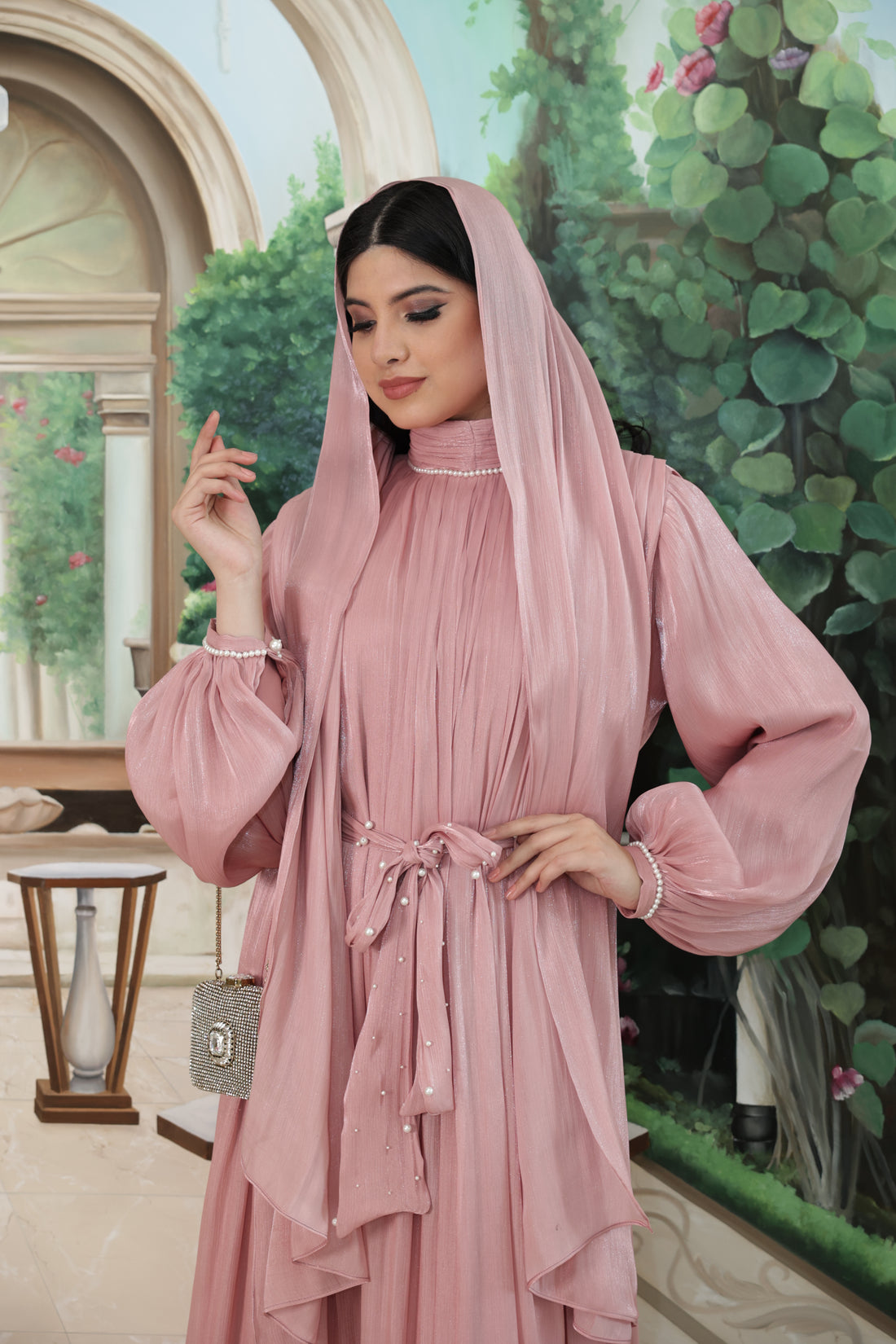 Pearl Lining Organza Abaya(Mauve)
