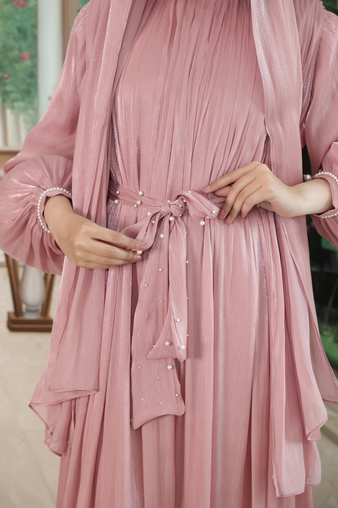 Pearl Lining Organza Abaya(Mauve)