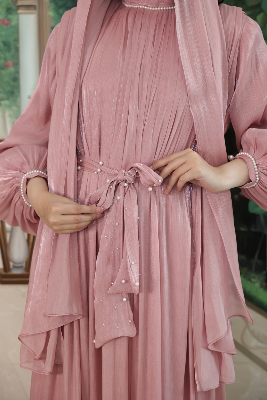 Pearl Lining Organza Abaya(Mauve)