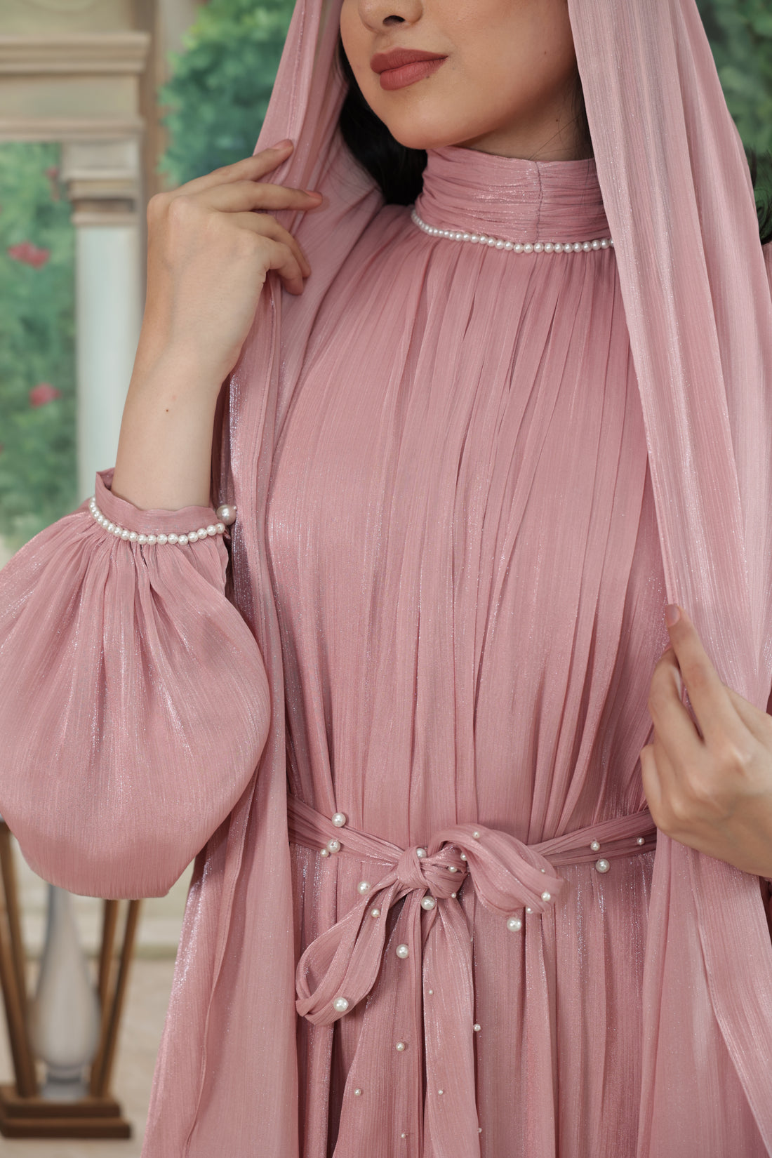 Pearl Lining Organza Abaya(Mauve)