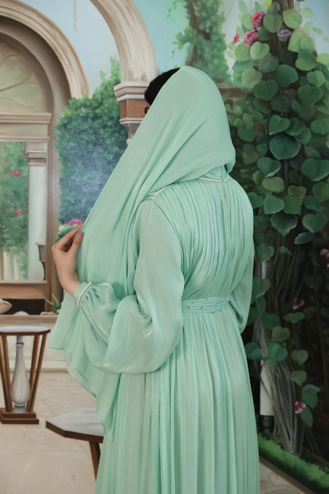 Pearl Lining Organza Abaya( Sea Green)