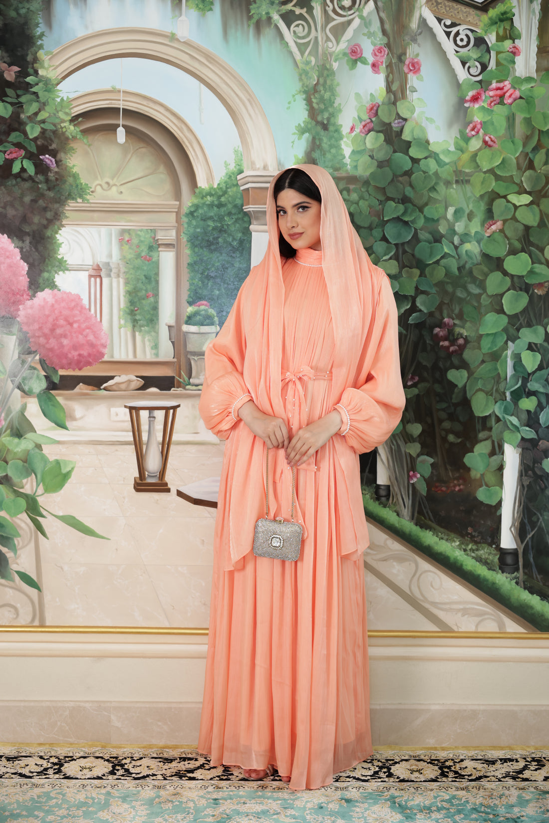 Pearl Lining Organza Abaya(Peach)