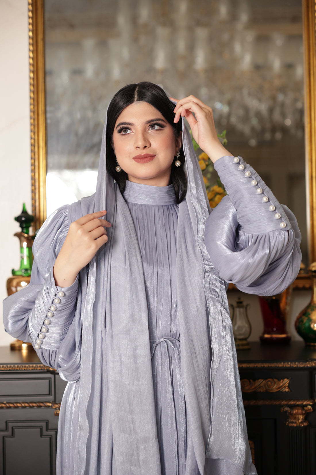 Big Kuff Organza Abaya( Slate Grey)